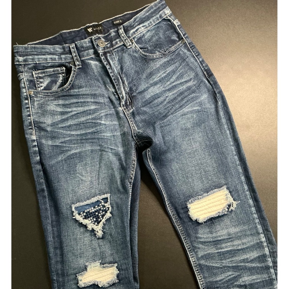 WAIMEA Mens Skinny Fit Distressed Ripped Blue Denim Jeans size 32x32